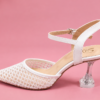 Imported White Mesh Pointed-Toe Slingback Heels – Elegant Transparent Heel